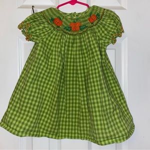 Be Mine Smocked FALL Gingham green dress PUMPKINS Thanksgiving Halloween 12 Mo
